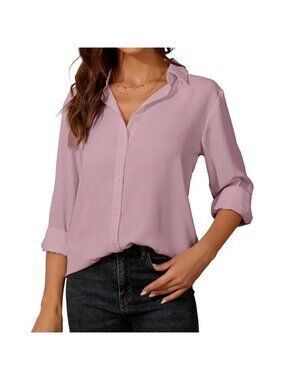 Women's  Pink Chiffon Long Sleeve Collared Tops Lady Button Down Shirts
